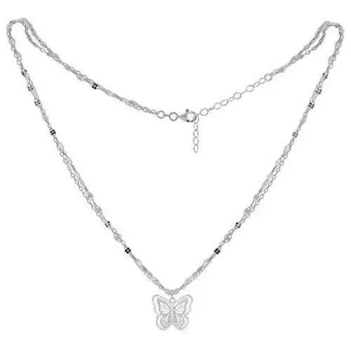 KIERA VENEZIA Sterling Silver Double Strand Necklace with Hollow Butterfly Pendant KIERA VENEZIA Sterling Silver Double Strand Necklace with Hollow Butterfly Pendant