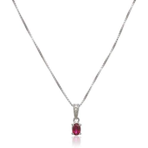 Elmas Jewelry Sterling Silver 0.02 Carat Round (I-J Color, I3 Clarity) White Diamond Created Oval Ruby Pendant Necklace for Women