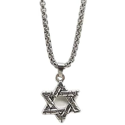 Six-Pointed Star Necklace for Men, Stainless Steel Star Hexagram Pendant Necklace with 27.6” Chain, Vintage Religious Necklace, Amulet Necklace, Israel Jewish Necklace Jewelry Gift for Men Boys