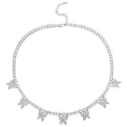 PY Bling Butterfly Necklace Choker Tennis Chain 4mm Rose Gold/White Gold Plated Bling Iced Out CZ Jewelry Gift for Women Teen Girls