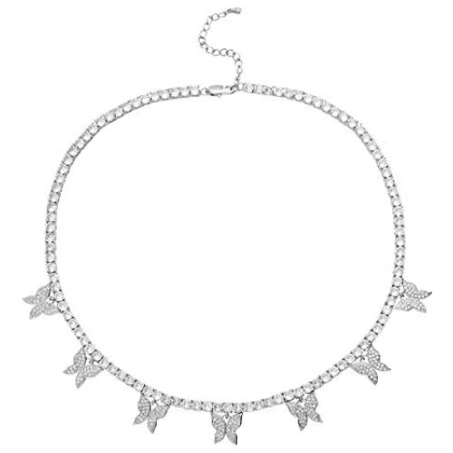 PY Bling Butterfly Necklace Choker Tennis Chain 4mm Rose Gold/White Gold Plated Bling Iced Out CZ Jewelry Gift for Women Teen Girls