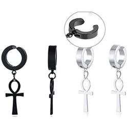 VNOX Stainless Cool Clip On Earrings Non Piercing Stainless Ankh Cross Charm Dangle Hinged Stud Earrings for Men Women Teen Gilrs Boys