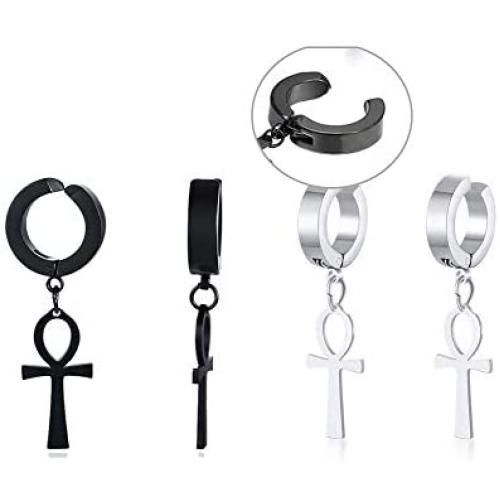 VNOX Stainless Cool Clip On Earrings Non Piercing Stainless Ankh Cross Charm Dangle Hinged Stud Earrings for Men Women Teen Gilrs Boys