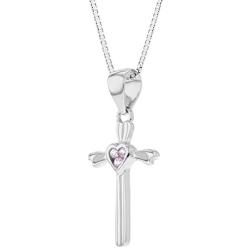 925 Sterling Silver Heart Pink CZ Cross Pendant Necklace Girls Childrens 16''