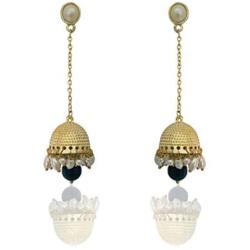 Moonstruck Traditional Long Indian Jhumka Jhumki Golden Dangle Earrings With Pearl For Women