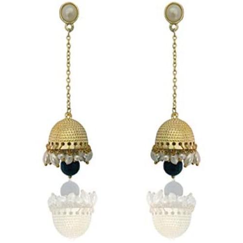 Moonstruck Traditional Long Indian Jhumka Jhumki Golden Dangle Earrings With Pearl For Women