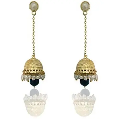 Moonstruck Traditional Long Indian Jhumka Jhumki Golden Dangle Earrings With Pearl For Women