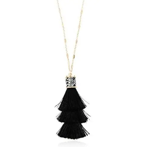 Bohemian Fringe Tassel Pendant Statement Necklace - Silky Strand Thread Marquise Feather Leaf Fan Charm Vintage Antique Gold Long Chain