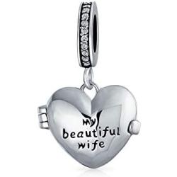 Personalized Words Saying Both Sides Saying MY BEAUTIFUL WIFE Dangle Heart Locket Charm Bead For Women Momenta Holder For Wife Oxidized .925 Sterling Silver