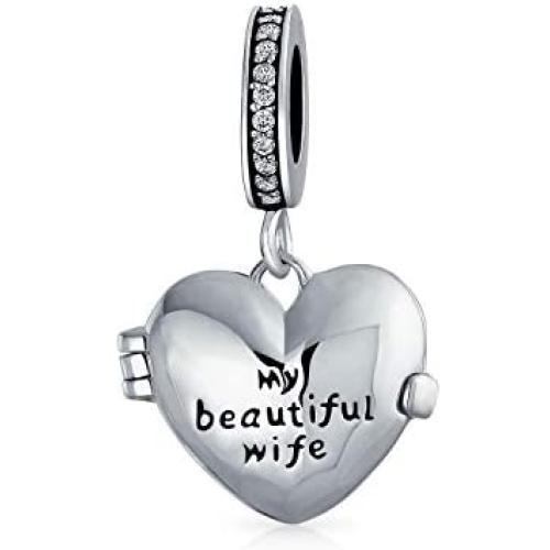 Personalized Words Saying Both Sides Saying MY BEAUTIFUL WIFE Dangle Heart Locket Charm Bead For Women Momenta Holder For Wife Oxidized .925 Sterling Silver