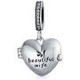 Personalized Words Saying Both Sides Saying MY BEAUTIFUL WIFE Dangle Heart Locket Charm Bead For Women Momenta Holder For Wife Oxidized .925 Sterling Silver