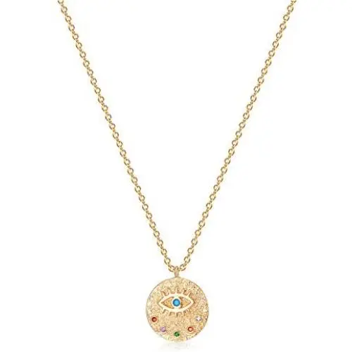 MTMY Evil Eye Necklace 14K Gold Plated Coin Disc Pendant Dainty Chain Solitaire Cubic Zirconia Turquoise Evil Eye Necklace for Women…