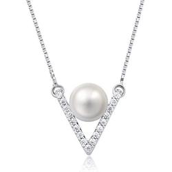 MOLAH V Shape 6.5-7mm Cultured Freshwater Pearl 925 Silver Rhodium Plated Simulated Diamond CZ Chevron Necklace