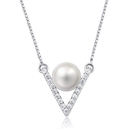 MOLAH V Shape 6.5-7mm Cultured Freshwater Pearl 925 Silver Rhodium Plated Simulated Diamond CZ Chevron Necklace