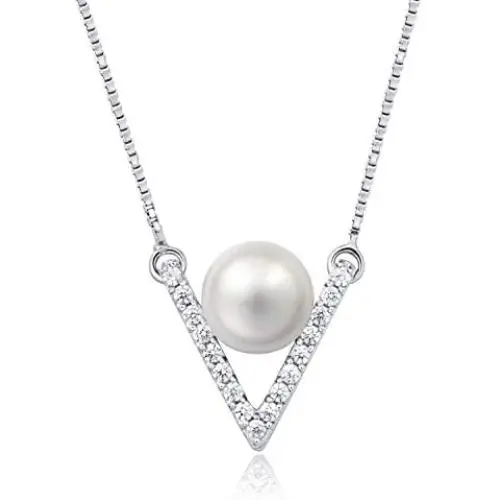MOLAH V Shape 6.5-7mm Cultured Freshwater Pearl 925 Silver Rhodium Plated Simulated Diamond CZ Chevron Necklace