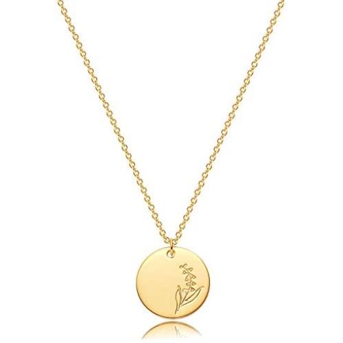 Bemoly Women Flower Necklace Dainty Personalized Carved Disk Birth Month Flower Necklace 14K Gold Plated Simple Chain Round Disc Coin Laser Flower Charm Pendant Jewelry Gift for Her