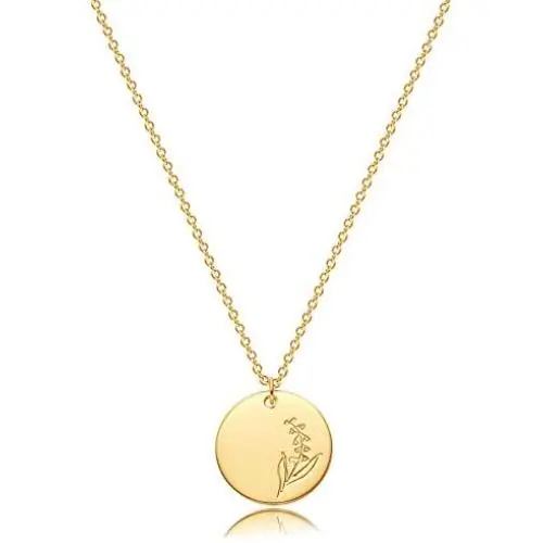 Bemoly Women Flower Necklace Dainty Personalized Carved Disk Birth Month Flower Necklace 14K Gold Plated Simple Chain Round Disc Coin Laser Flower Charm Pendant Jewelry Gift for Her