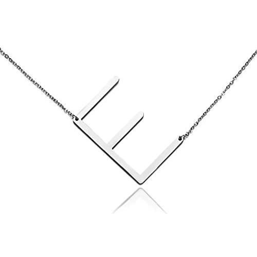 RINHOO Stainless Steel Large Silver Initial Alphabet 26 Big Letters Script Name Pendant Chain Necklace from A-Z