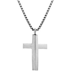 Steve Madden 28'' Oxidized Stainless Steel Box Chain Splitting Cross Pendant Necklace For Men (White)