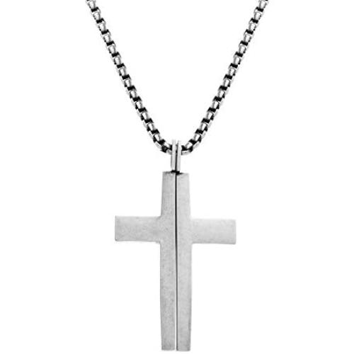 Steve Madden 28'' Oxidized Stainless Steel Box Chain Splitting Cross Pendant Necklace For Men (White)
