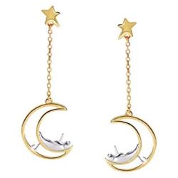 Cat Moon and Star Earrings Sterling Silver Stud Earrings Silver and Gold Star Dangle Earrings Cat Lover Gifts for Women