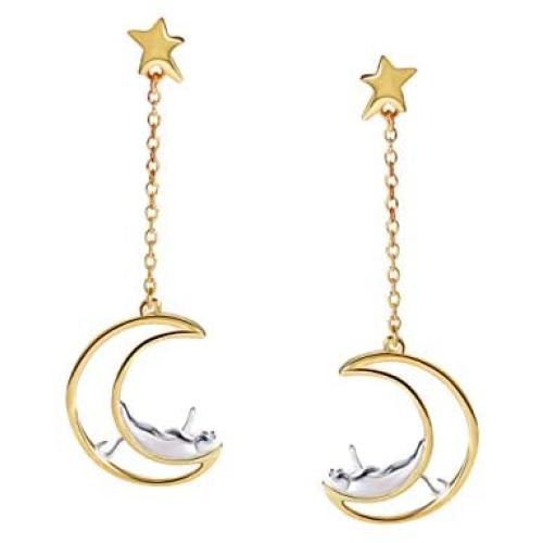 Cat Moon and Star Earrings Sterling Silver Stud Earrings Silver and Gold Star Dangle Earrings Cat Lover Gifts for Women