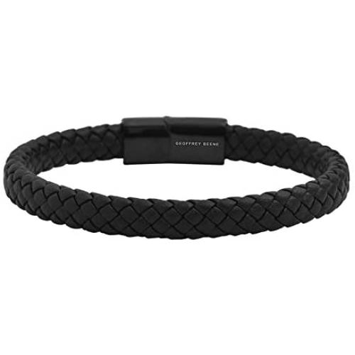 Geoffrey Beene Mens Braided Genuine Leather Bracelet with Stainless Steel Magnetic Closure
