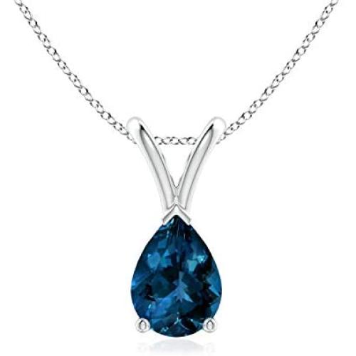 December Birthstone - V-Bale Pear-Shaped London Blue Topaz Solitaire Pendant Necklace in Silver (7x5mm London Blue Topaz)