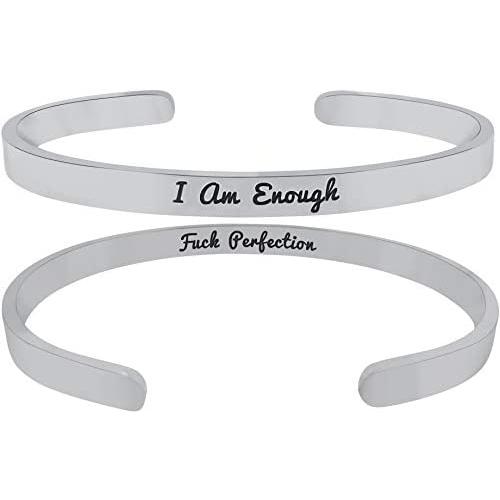 I Am Enough F-K Perfection Inspirational Mantra Sayings Cuff Band Bracelet Gifts for Women, Positive Message Bracelet, Encouragement Jewelry Gifts, Womens Motivational Gifts