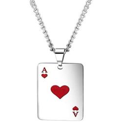 NC Punk Stainless Steel Playing Card Poker Tag Pendant Necklace for Women Men Girl Boy Lukcy Rock Ace of Spade Heart Royal Flush Games Chain Necklace Hip Hop Unisex Jewelry Gift