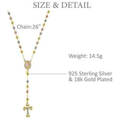 18K Yellow Gold Plated Sterling Silver Diamond Cut Beads TRICLR 26'' Rosary Cross Necklace