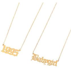 VLINRAS Year Necklace Personalized Old English Babygirl Birth Year Necklace and Ring Gold Women Gilrs Birthday Jewelry Gift Set