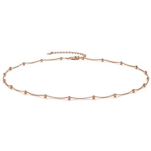 EPIRORA Choker Necklace for Women 925 Sterling Silver Gold Plated Dainty Satellite Bead Chain Pendant Minimalist Jewelry, 16+2''
