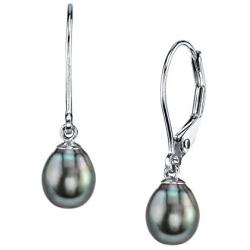 THE PEARL SOURCE Gold AAA Quality Drop Genuine Black Tahitian South Sea Cultured Pearl Leverback Earrings for Women