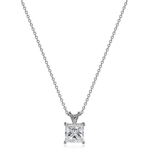 Platinum or Gold Plated Sterling Silver Princess Cut Solitaire Pendant Necklace made with Swarovski Zirconia, 18''