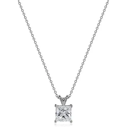 Platinum or Gold Plated Sterling Silver Princess Cut Solitaire Pendant Necklace made with Swarovski Zirconia, 18'' Platinum or Gold Plated Sterling Silver Princess Cut Solitaire Pendant Necklace made with Swarovski Zirconia, 18''