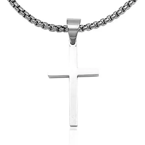 Double Rainbow Jewelry 16''-36'' Mens Stainless Steel Unisex Silver Plain Cross Pendant 3.5MM Rolo Pearl Box Chain Necklace Link Double Rainbow Jewelry 16''-36'' Mens Stainless Steel Unisex Silver Plain Cross Pendant 3.5MM Rolo Pearl Box Chain Necklace Link