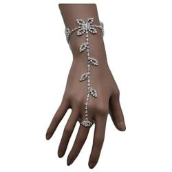 TFJ Women Fashion Jewelry Hand Chain Wrist Bracelet Flower Slave Ring Floral Beads Silver