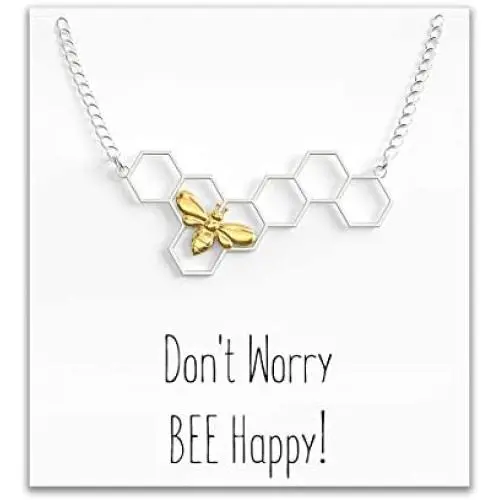 Bee Honeycomb Necklace – Bumblebee Pendent Charm in Gold & Silver – Don’t Worry Bee Happy Message Card Bee Honeycomb Necklace – Bumblebee Pendent Charm in Gold & Silver – Don’t Worry Bee Happy Message Card