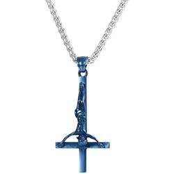 U7 Ion-Plating Blue Upside Down Crucifix Cross Pendant Satanic Jewelry Inverted Cross Necklace with 3mm Rope Chain 24''