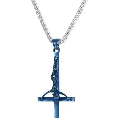 U7 Ion-Plating Blue Upside Down Crucifix Cross Pendant Satanic Jewelry Inverted Cross Necklace with 3mm Rope Chain 24'' U7 Ion-Plating Blue Upside Down Crucifix Cross Pendant Satanic Jewelry Inverted Cross Necklace with 3mm Rope Chain 24''