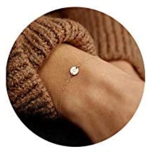 Glimmerst Personalized Initial Bracelet, 18K Gold Plated Stainless Steel Letter Bracelet Dainty Coin Charm Bracelet Delicate Disc Name Bracelet for Women Girls
