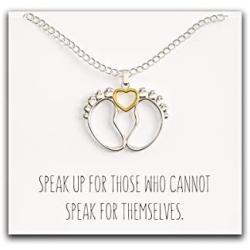 Happy Kisses Baby Feet Necklace with Heart - Cute Charm Pendant with Pro Life Message Card – Gold and Silver Finish