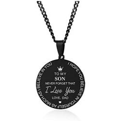 XUANPAI Stainless Steel to My Son Love Dad Courage Inpsirational Round Pendant, Birthday Gifts to Son,Son Necklace from Dad,Love Son Gift