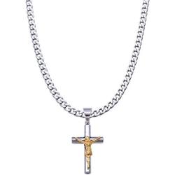 Double Rainbow Jewelry C08-P09 Mens Stainless Steel Gold Silver 2-Tone Jesus Cross Pendant 6mm Cuban Curb Necklace Chain Link