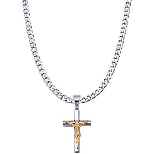 Double Rainbow Jewelry C08-P09 Mens Stainless Steel Gold Silver 2-Tone Jesus Cross Pendant 6mm Cuban Curb Necklace Chain Link