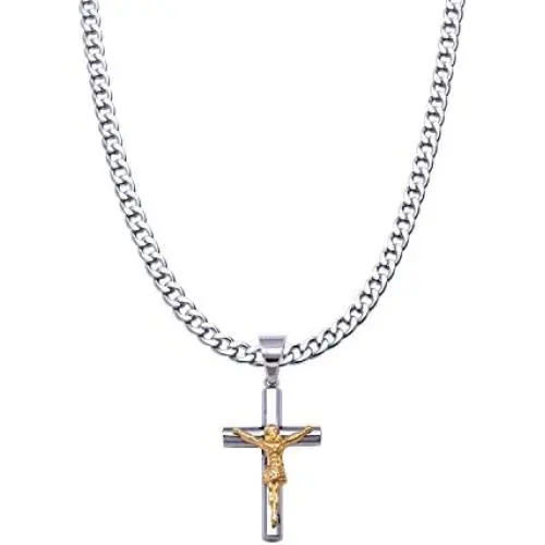Double Rainbow Jewelry C08-P09 Mens Stainless Steel Gold Silver 2-Tone Jesus Cross Pendant 6mm Cuban Curb Necklace Chain Link Double Rainbow Jewelry C08-P09 Mens Stainless Steel Gold Silver 2-Tone Jesus Cross Pendant 6mm Cuban Curb Necklace Chain Link