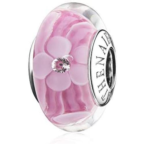 ATHENAIE 925 Sterling Silver Magnolia Bloom Pale Cerise Enamel Pink CZ Bead Charms for Bracelet