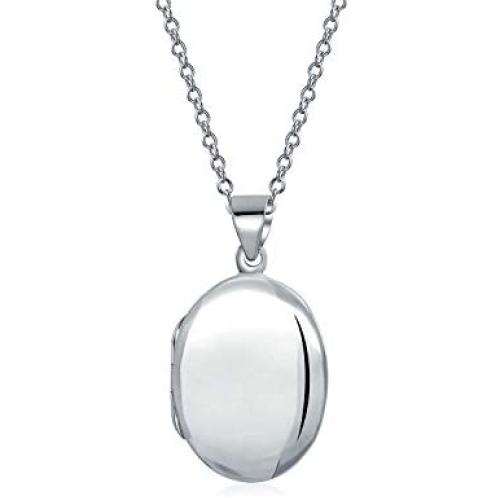 Simple Plain Dome Oval Circle Traditional Keepsake Personalized Engrave Photo Locket For Women Teens Holds Photos Pictures 925 Silver Necklace Pendant Small Medium Large