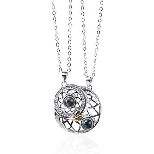 MIX Custom Sterling Silver Sun& Moon Matching Pendant Necklace with 100 Languages I Love You Projection Necklace Magnet Couple Statement